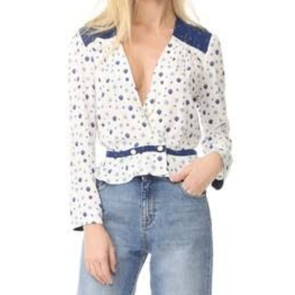 Free People Top Half Wrap V-Neck Long Sleeve Cinched Waist Ivory Blue M NWT - Picture 2 of 8